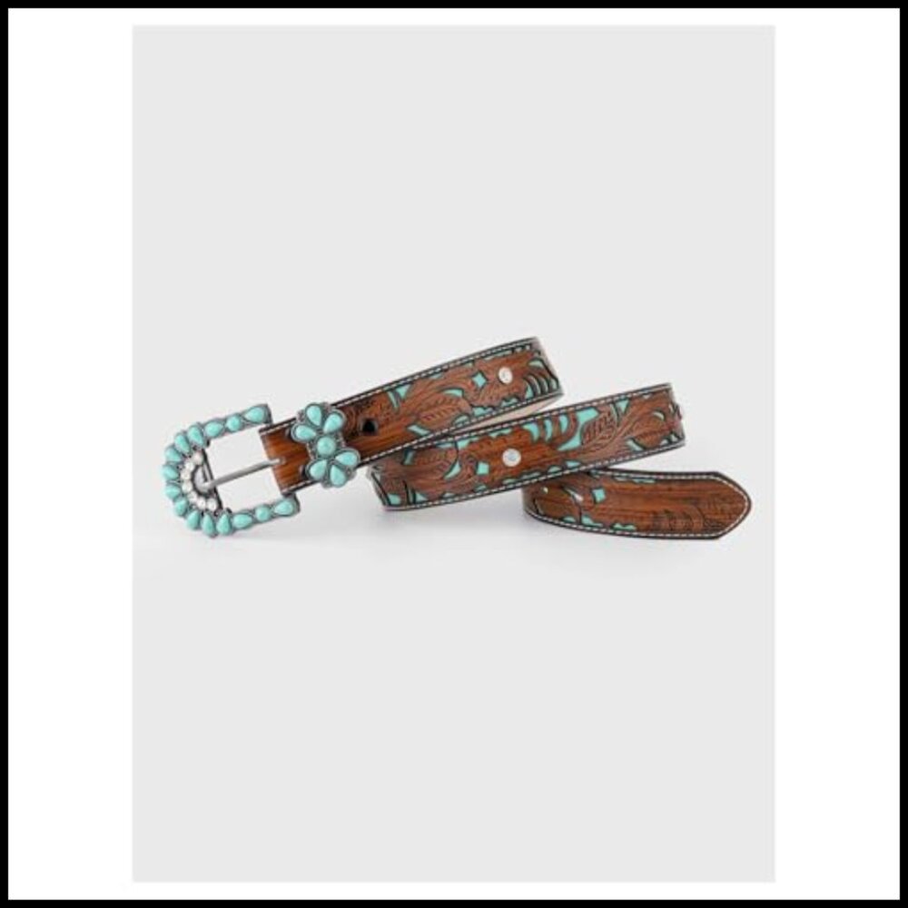 Western Belt with Turquoise Embellishments Boho Chic Buckle Waist Accessory - Picture 3 of 3